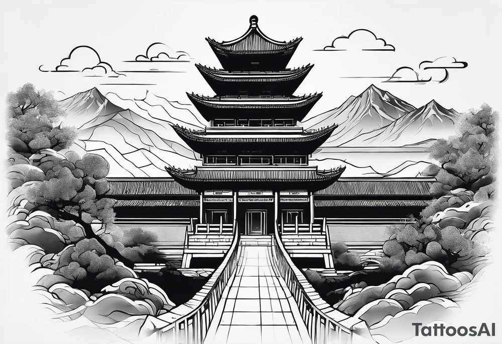 Chinesischer see mit der Mauer im hintergrund und verschiedenen Tieren tattoo idea