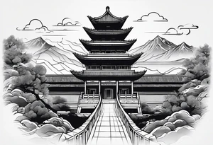 Chinesischer see mit der Mauer im hintergrund und verschiedenen Tieren tattoo idea
