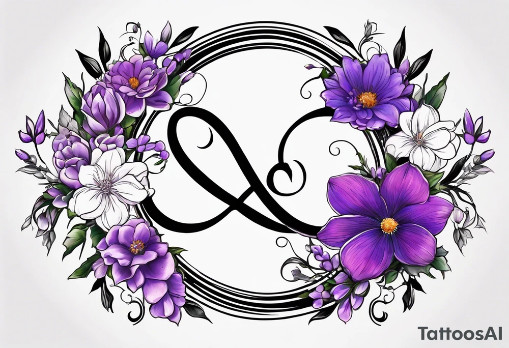 Infinity symbol with violet, rose, larkspur and aster birth flowers as one side of the symbol the date 8.30.1997 on the other side tattoo idea