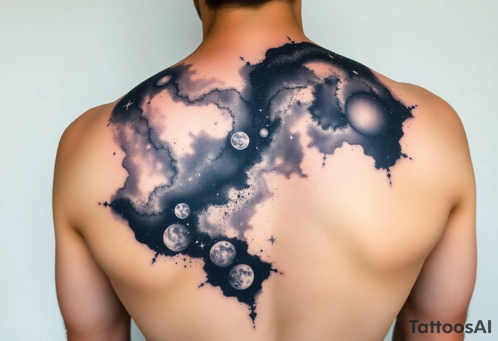 Beautiful and epic 3d milky way that appears to be what is beneath the skin. Make it drape over the shoulder and move to the middle back. use negative spaces to create stars and dust. Incorporate God breathing life into the universe. Keep it symmetrical tattoo idea