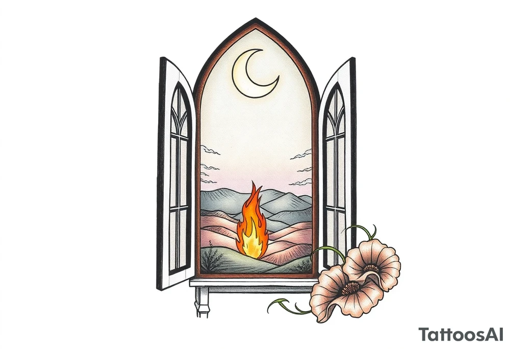 Tall church window with stained glass showcasing crescent moon over a hilly landscape as a fire burns in the distance '


, tattoo idea