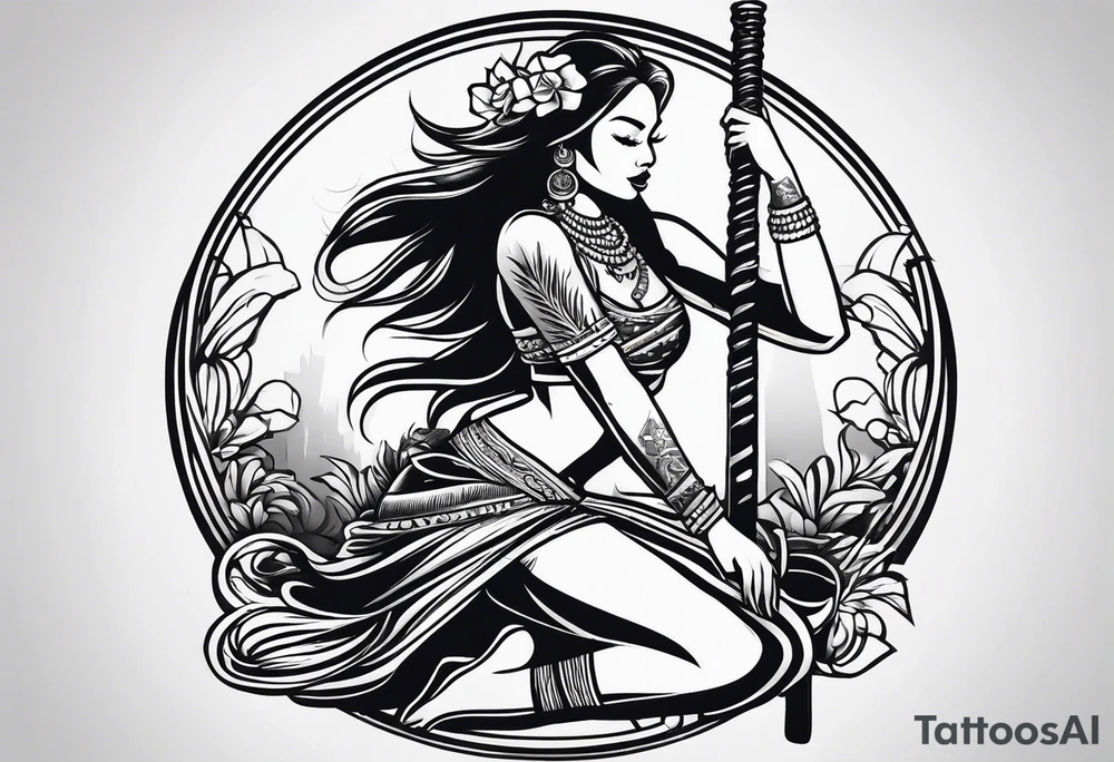 hula girl squating and dance with gun tattoo idea