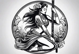 hula girl squating and dance with gun tattoo idea