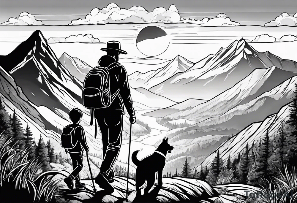 nature, sunset, mountains, a father and son hiking with their dog and cat and a cross tattoo idea