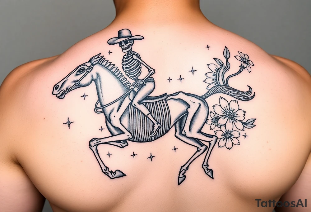 cowboy skeleton riding a horse skeleton on bicep, Fill with (stars, dots, and flowers) tattoo idea