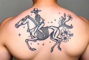cowboy skeleton riding a horse skeleton on bicep, Fill with (stars, dots, and flowers) tattoo idea