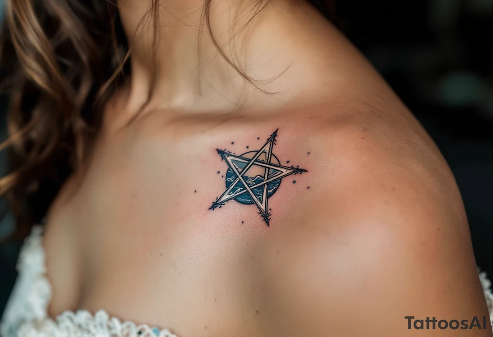 A pentagram submerged in dark water, with tiny waves and blue accents tattoo idea