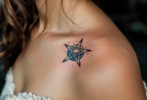 A pentagram submerged in dark water, with tiny waves and blue accents tattoo idea