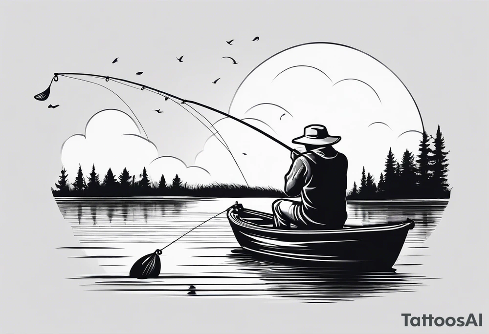 a man fishing with a fishing rod. simple outline tattoo idea