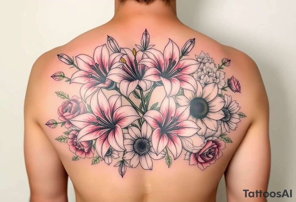 Arm sleeve 6 fully bloomed, stargazer lilies with 2 budded lilys pink red and yellow roses hydrangea and sunflowers filling area around lilys tattoo idea