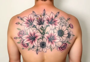 Arm sleeve 6 fully bloomed, stargazer lilies with 2 budded lilys pink red and yellow roses hydrangea and sunflowers filling area around lilys tattoo idea
