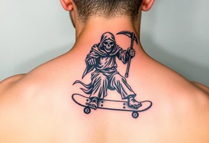 Colorful grim reaper riding skateboard tattoo idea