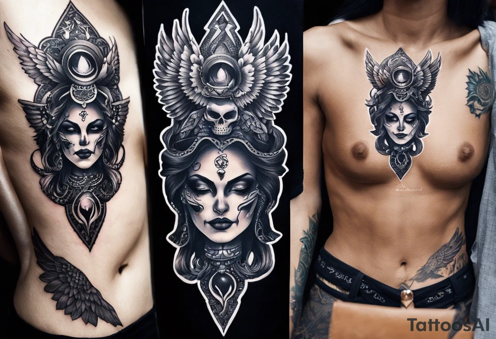 black kali, goddess pirate, alien, angel, pachamama, valkrye, warrior, flying, skull, lotus azul, wing, eagle, zenza resonance, stars, 5D, anahata chakra, death, durga, riding on a tiger, flying lady, kundalini, chest tatoo, rebel tattoo idea