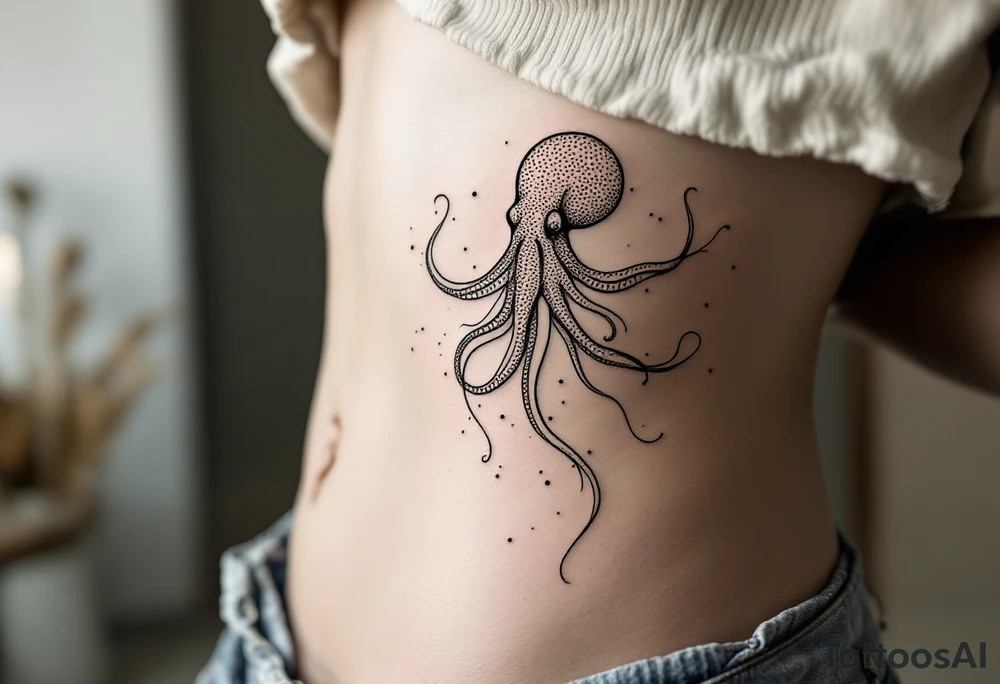 A delicate, large-scale fine line tattoo on the side torso of a woman with fair skin, extending from the ribs to the hip. The design subtly reveals the form of an octopus, with flowing, abstract organic lines that resemble both seaweed and the creature’s tentacles. The octopus is stylized and partially hidden within the composition, with its shape emerging naturally from the curved, airy ink lines. The tattoo maintains a minimalist, elegant aesthetic with black fine line work, giving a sense of fluid motion and mystery. Photorealistic style, high detail, natural lighting, soft shadows. tattoo idea