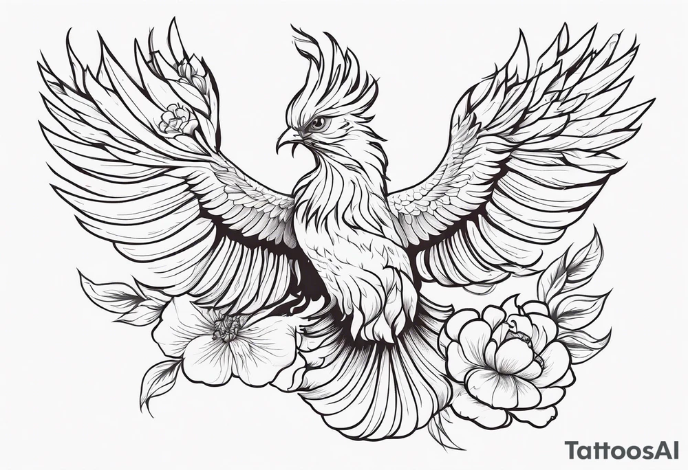 minimalist pheonix in flight with peonies in claws tattoo idea