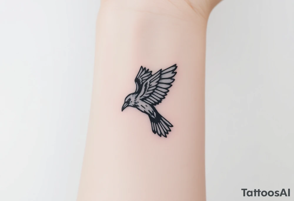 A detailed raven in mid-flight, wings spread wide with intricate feather patterns, symbolizing Tris’s journey tattoo idea