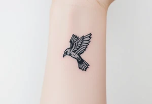 A detailed raven in mid-flight, wings spread wide with intricate feather patterns, symbolizing Tris’s journey tattoo idea