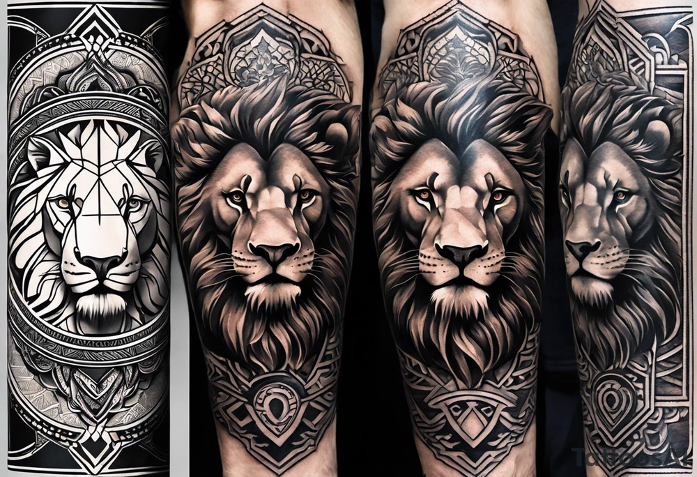 A full tattoo sleeve designed with a strong, masculine aesthetic, featuring a powerful lion as the centerpiece. The lion, symbolizing strength, courage, and leadership, is depicted with intricate detail and dynamic shading, capturing its fierce expression and majestic mane. Surrounding the lion, incorporate geometric patterns that add structure and contrast to the design. These patterns are bold and angular, creating a sense of order and symmetry that complements the natural form of the lion. The geometric elements are woven around the lion, emphasizing its central position while providing a modern, edgy backdrop. The shading throughout the sleeve is deep and dramatic, enhancing the contrast between the organic features of the lion and the precise lines of the geometric patterns. The overall design is bold, intense, and visually striking, combining the raw power of the lion with the clean, ordered aesthetic of geometric patterns for a cohesive and masculine tattoo sleeve. tattoo idea