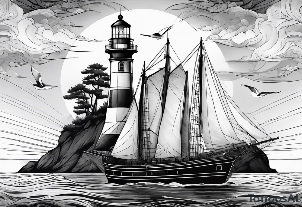 maritime lighthouse partially hidden by its large fixed sail. calm sea reflection. tattoo idea