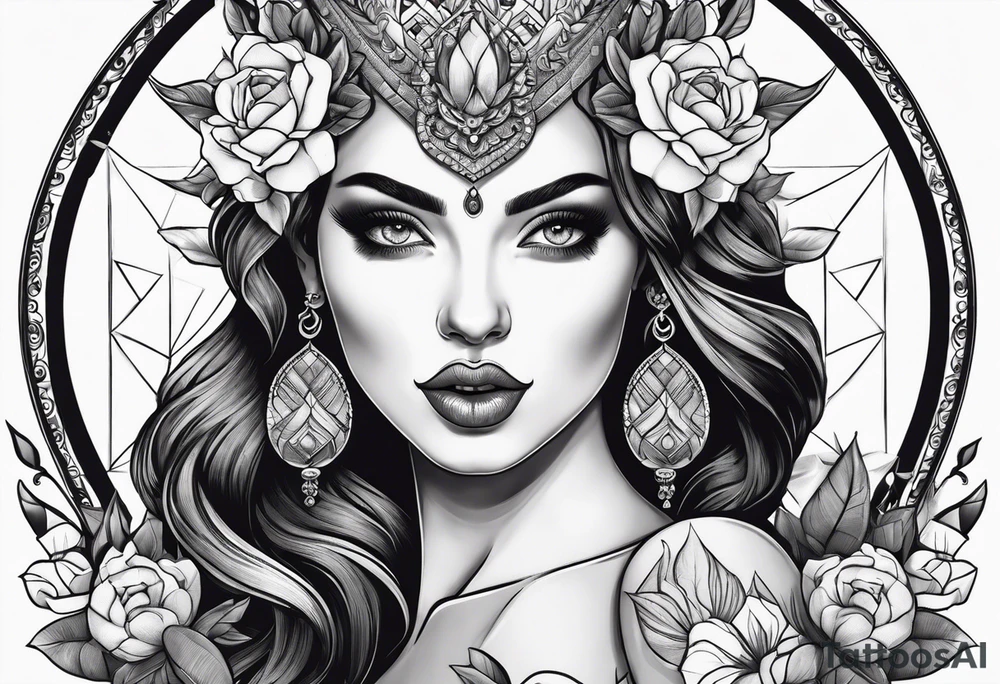 Beautiful Horned lady face holding a pomegranate tattoo idea