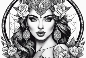 Beautiful Horned lady face holding a pomegranate tattoo idea