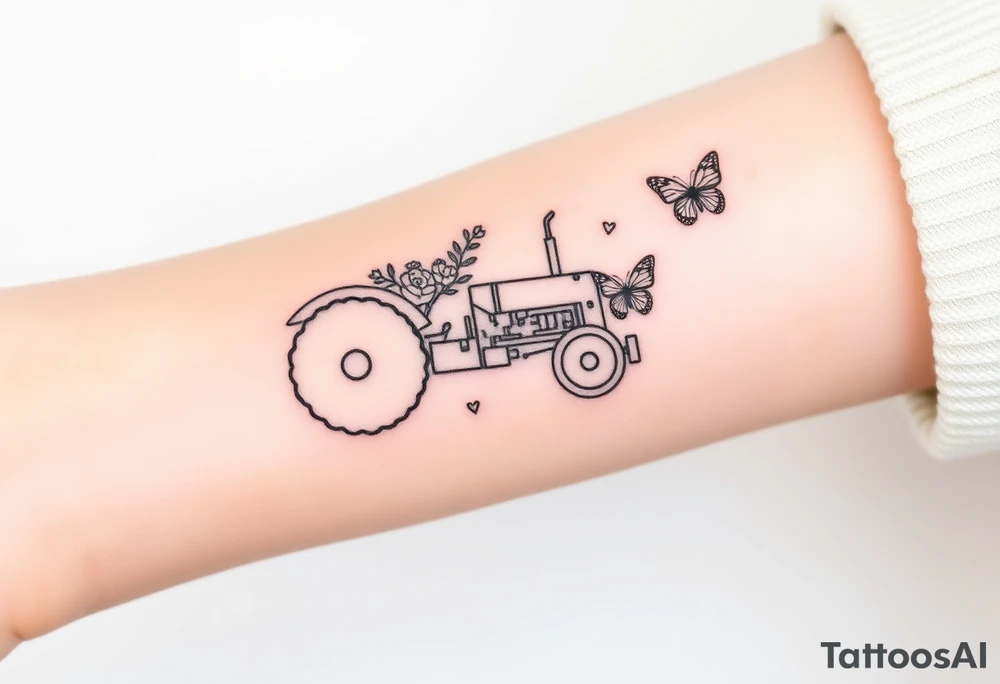 A small feminine tractor with flowers on the tractor and butterfly tattoo idea