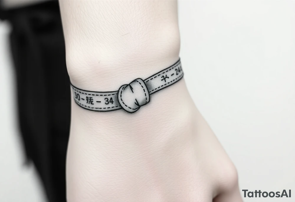 A realistic black and gray tattoo of a Brazilian Jiu-Jitsu black belt wrapping around the wrist like a bracelet. The belt is tied in a knot with one end showing the number 30 and the other showing 24. On the flat end of the belt, two Japanese kanji characters are inked in white: 成長 (growth) and 忍耐 (perseverance). The belt has subtle stitch marks and worn, textured shading for a slightly distressed, authentic look. tattoo idea