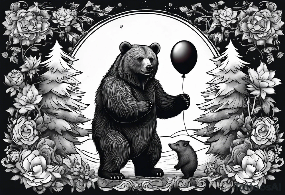 a big growling bear and a tiny hedgehog that stands hand has a balloon is his hands
together. tattoo idea