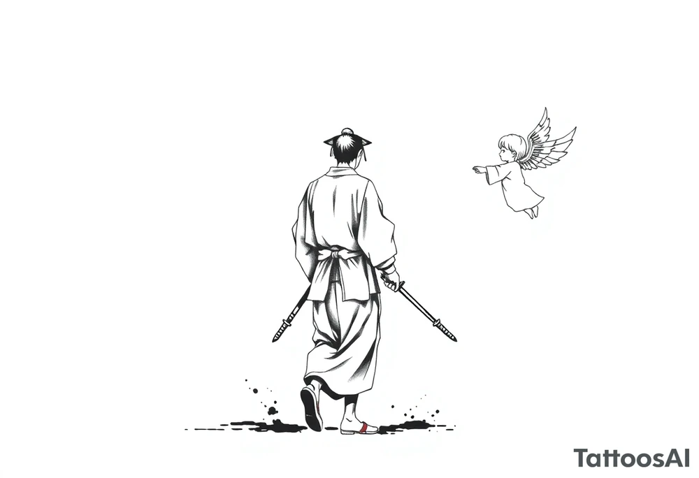 Blackwork tattoo illustration of a samurai walking forward, seen from behind. The samurai wears a traditional kimono and hakama, holding two long katanas in a relaxed but ready pose. To his right, a small child angel with detailed feathered wings floats in the air, gently reaching toward him with an outstretched hand. Strong contrast, dynamic ink splatters, sumi-e brush stroke effects, minimalist white background, dramatic lighting, emotional and symbolic composition, high-detail linework tattoo idea
