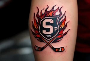 A bold black-and-burgundy Sparta Praha logo with red flames surrounding it and crossed hockey sticks beneath. tattoo idea