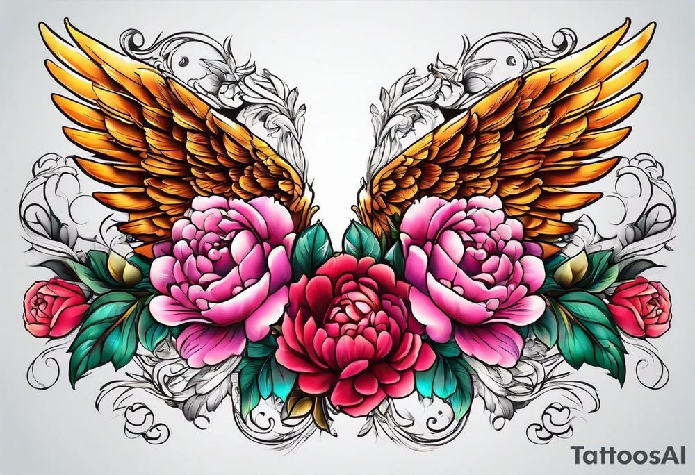 beautiful angel wings with floral peonies, roses, neon, brightly colored. highly detailed, tattoo idea