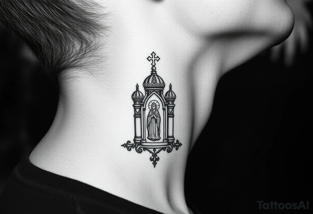 russian coat arms traditional christian orthodox cross with a virgin mary stood in the entrance of a russian orthodox dome church on the side of the neck in a wilderness setting tattoo idea