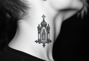 russian coat arms traditional christian orthodox cross with a virgin mary stood in the entrance of a russian orthodox dome church on the side of the neck in a wilderness setting tattoo idea