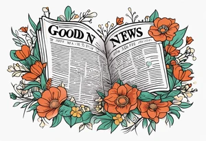 newspaper with words "good news" surrounded by flowers tattoo idea