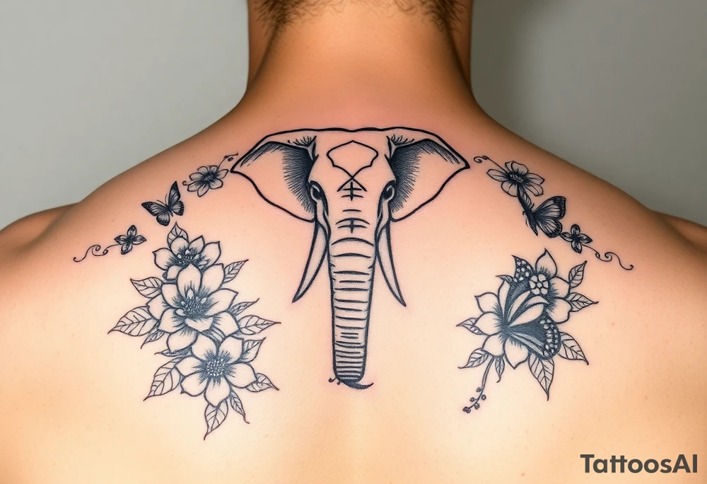 Elephant tattoo surrounded by flowers and butterflies with Chinese lettering tattoo idea