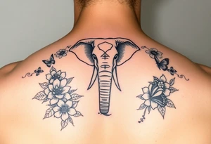Elephant tattoo surrounded by flowers and butterflies with Chinese lettering tattoo idea