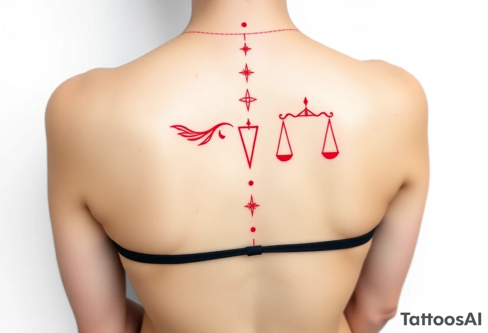 Tattoo that combines the star sign Taurus and Libra ,in red , down the spine tattoo idea