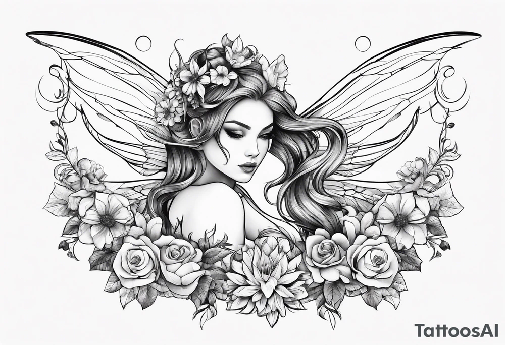 Flying Fairy with flowers, including arms and legs tattoo idea