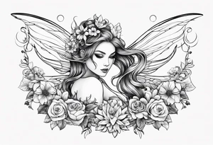 Flying Fairy with flowers, including arms and legs tattoo idea