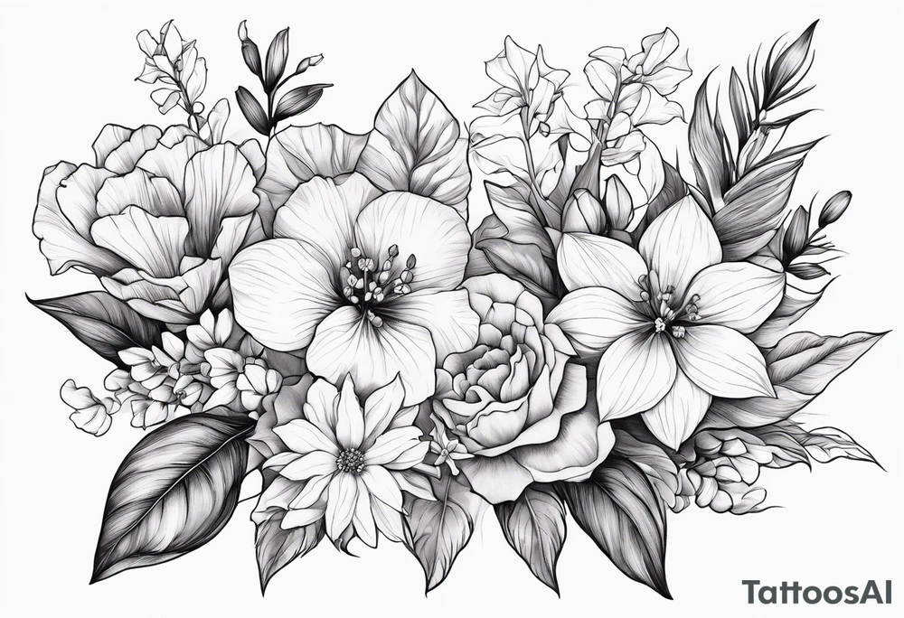 Floral Bouquet with blue hydrangea,Gladiolus, Poppy,Daisy,Sweet Pea,Narcissus, Poinsettia, and Holly tattoo idea