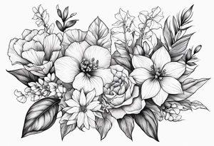 Floral Bouquet with blue hydrangea,Gladiolus, Poppy,Daisy,Sweet Pea,Narcissus, Poinsettia, and Holly tattoo idea