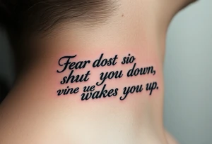 "Fear does not shut you down, it wakes you up engraved in an elegant script, surrounded by subtle abstract smoke tattoo idea