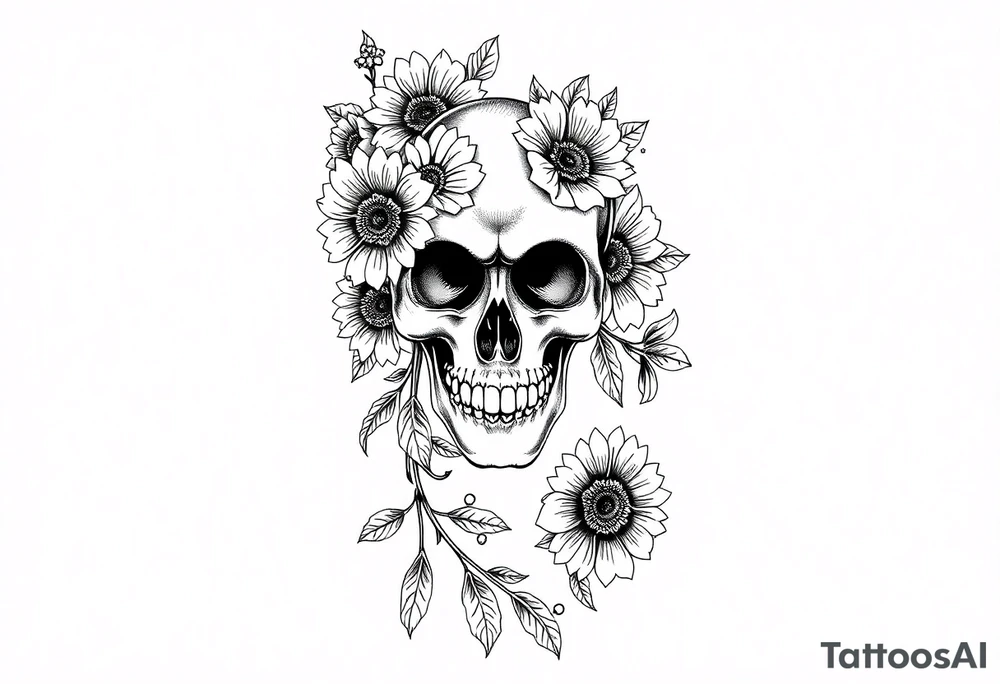 ornate skull adorned with wild roses and sunflowers tattoo idea