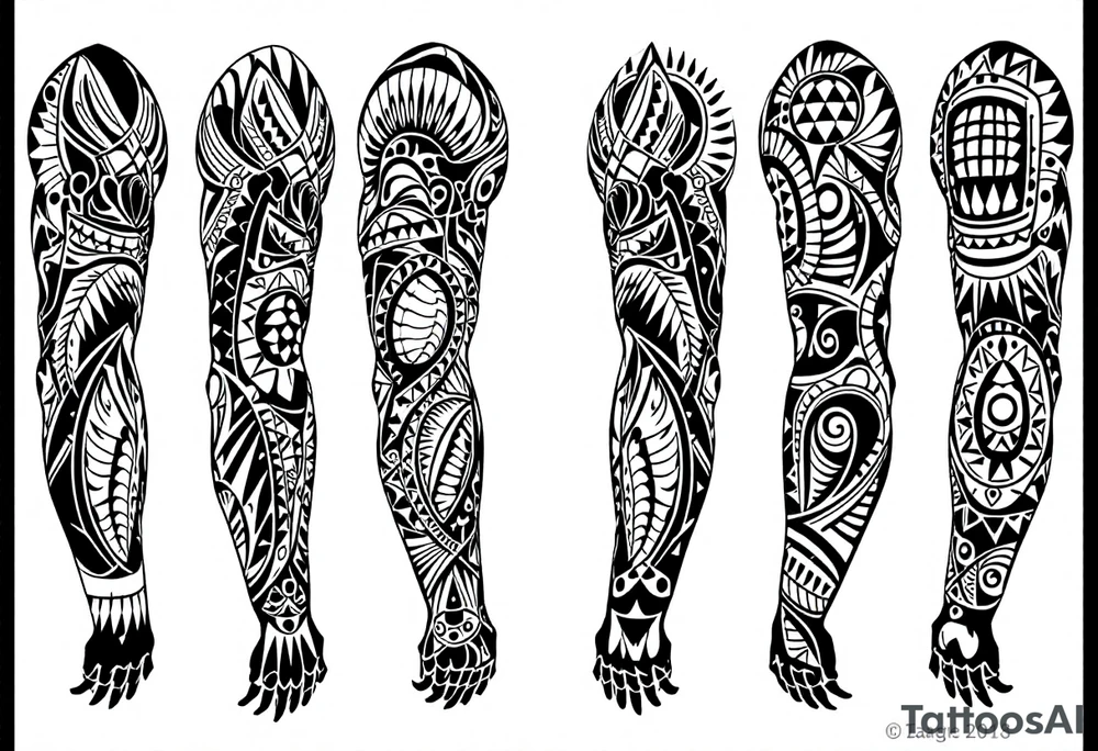 Full Polynesian sleeve tattoo with tribal motifs and oceanic symbolism – A bold black ink sleeve wrapping from shoulder to wrist, featuring traditional Polynesian patterns such as spearheads, shark teeth, tiki faces, and ocean waves. The design flows organically around the arm, with geometric symmetry, interwoven lines, and negative space creating rhythm and meaning. Symbols of strength, protection, family, and warrior spirit are incorporated throughout, including turtle shells (longevity), sun rays (leadership), and enata figures (ancestors and community). Entire design in solid black with precise clean edges, in authentic Polynesian style. tattoo idea