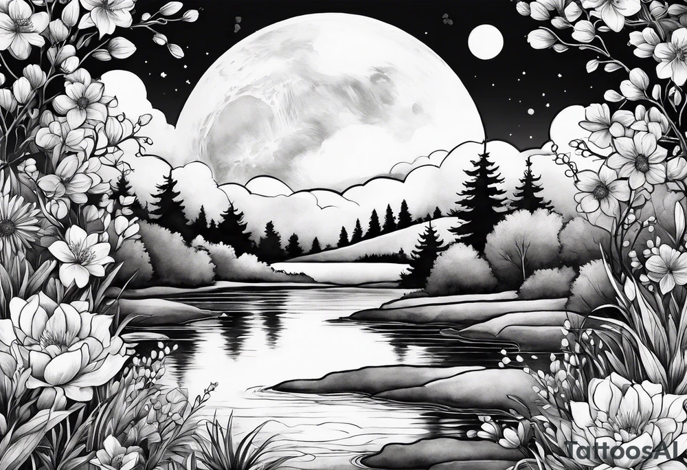 Secret, hidden garden, flowers, lake, daylight moon tattoo idea