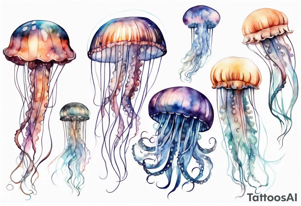 One very large jellyfish with long tentacles, surrounded by two or three smaller jellyfish tattoo idea