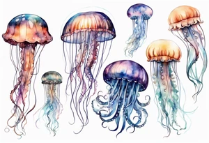 One very large jellyfish with long tentacles, surrounded by two or three smaller jellyfish tattoo idea