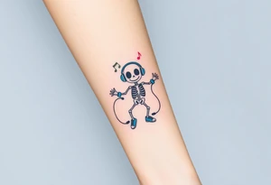 smiley skeleton with love shape in his eyes jumping on a jump rope with blue headphones and blue armbands and blue sneakers with colorful music notes around his head tattoo idea