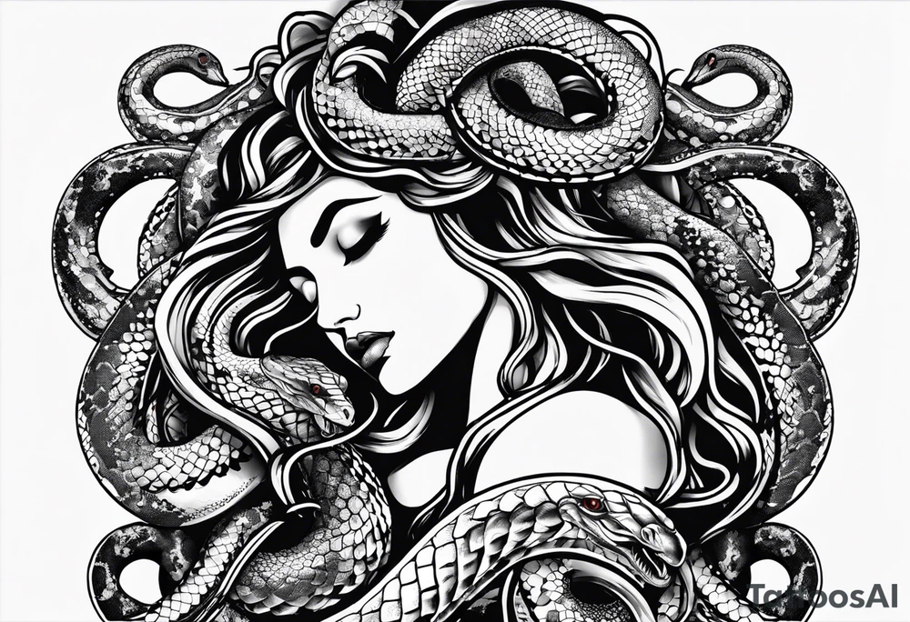medusa, snakes, with words, SA. tattoo idea