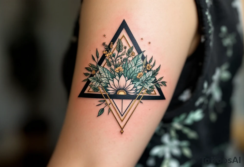A black triangle filled with botanical linework in green and gold, combining geometry with growth located on the back of the head tattoo idea
